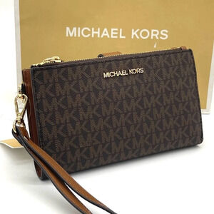 Michael Kors Large Double Zip Wallet Wristlet Brown Signature